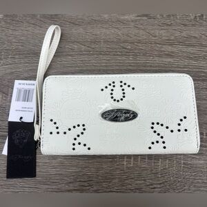 Ed Hardy White Embossed Wristlet Clutch with Black Stud Accents